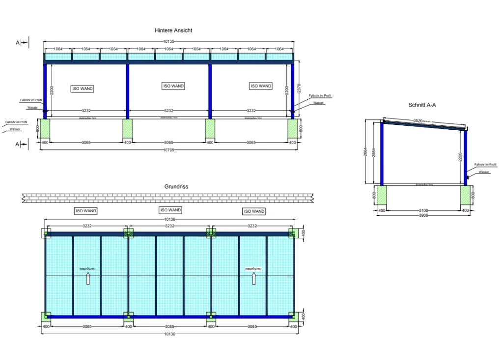 CAD Plan Großes Carport Aluminium mit Photovoltaik Eindeckung und ISO Wand - ARREA